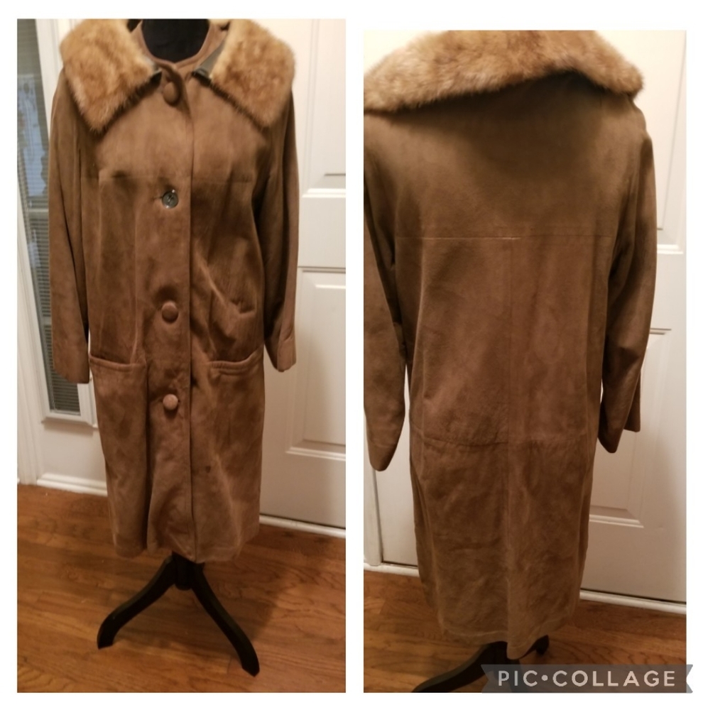 Vintage Clayton Leather Original suede car coat with fur collar Fits size 10